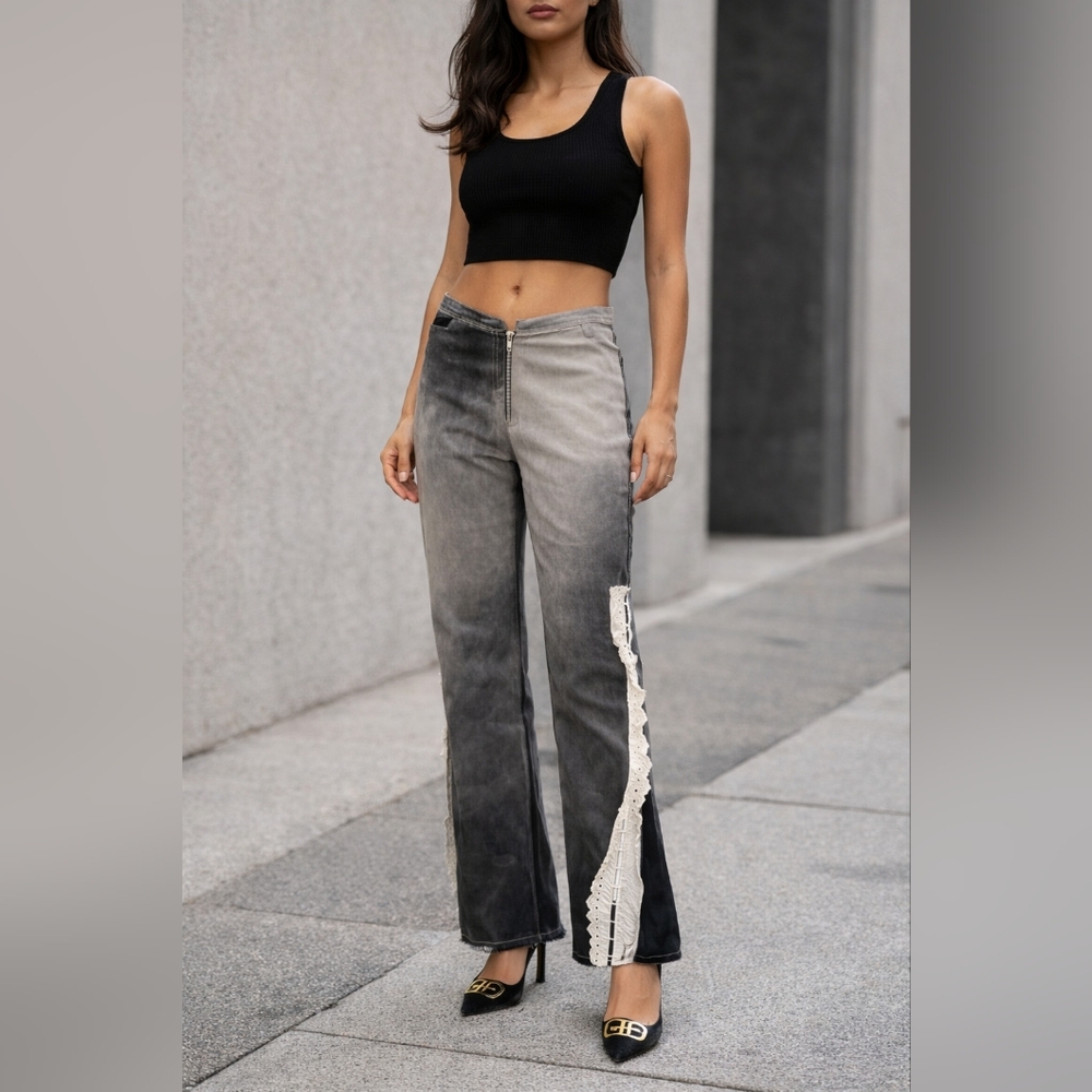 Y2K Paris Couture Tie-Dye Lace Flare Pants S